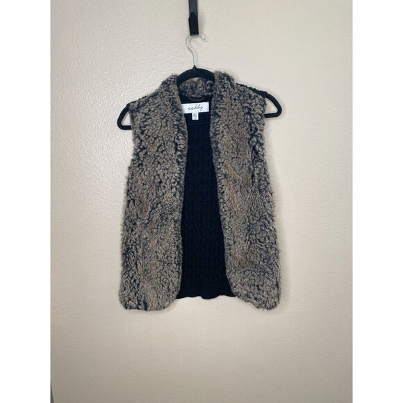 Sebby Womens Faux Fur Open Front Vest Black Brown Cable Knit Back S Polyester - Picture 1 of 7
